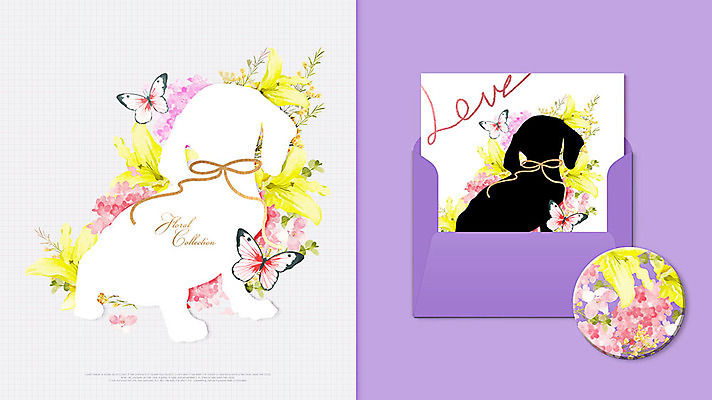 PSD 꽃 실루엣 리본 나비 일러스트 편지봉투 사람없음 노란색 보라색 봄 강아지 편지 목업 국내일러스트 식물 계절 컬러 곤충 봉투 촬영기법 반려동물 개 파일형식