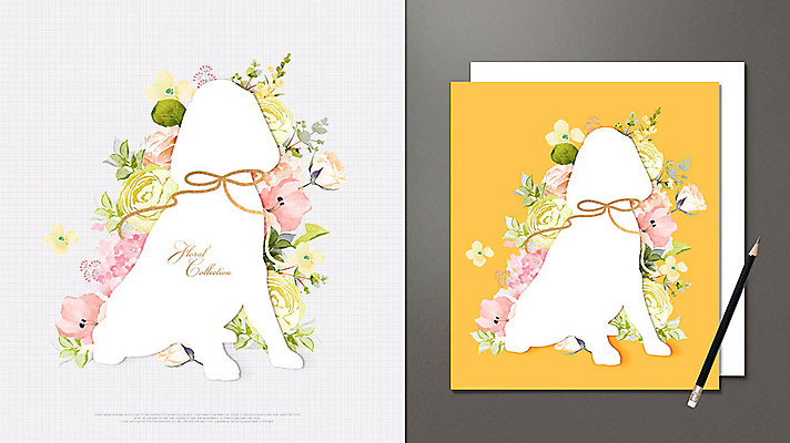 PSD 꽃 실루엣 리본 일러스트 사람없음 연필 노란색 봄 강아지 목업 국내일러스트 카드프레임 식물 계절 컬러 학용품 프레임 촬영기법 반려동물 필기구 개 파일형식