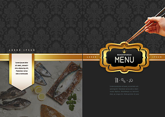 PSD 템플릿 표지디자인 북디자인 손 출판디자인 표지 리플렛 북커버 여러마리 젓가락 어류 팜플렛 신체부위 검은색 해산물 메뉴 이미지템플릿 컬러 다수 수저 사람 수중동물 파일형식