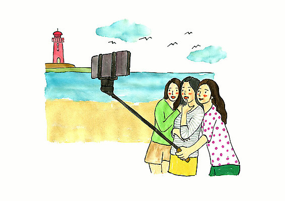 PSD 계절 여자 바다 여행 일러스트 갈매기 수채화 등대 사람 상반신 성인 해변 세명 친구 스마트폰 소풍 사진촬영 봄 추억 셀프카메라 즐거움 봄소풍 셀카봉 국내일러스트 감정 컨셉 관계 조류 핸드폰 스마트기기 야외활동 촬영 파일형식