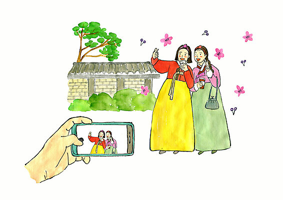 전신 PSD 손 계절 여자 꽃 여행 일러스트 수채화 사람 성인 두명 신체부위 친구 스마트폰 담장 소풍 사진촬영 봄 궁전 추억 한복 봄소풍 성인여자만 기와담장 국내일러스트 식물 한국전통 컨셉 고건축 관계 기와 핸드폰 스마트기기 야외활동 촬영 전통의상 여자만 성인만 파일형식