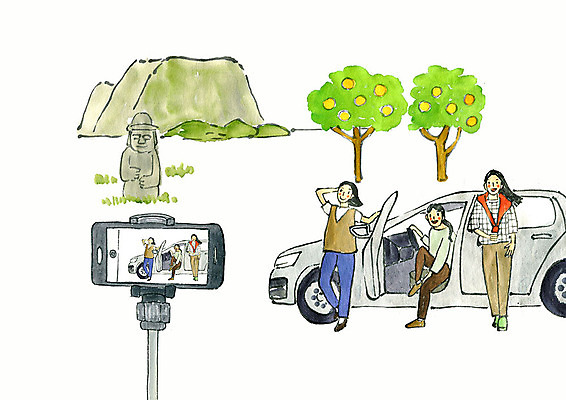 전신 PSD 계절 여자 여행 일러스트 자동차 수채화 사람 성인 세명 친구 스마트폰 제주도 소풍 사진촬영 봄 드라이브 추억 돌하르방 즐거움 성산일출봉 귤나무 봄소풍 셀카봉 제주도여행 국내일러스트 나무 감정 육상교통 컨셉 관계 귤 한국 핸드폰 스마트기기 야외활동 촬영 운전 서귀포 파일형식