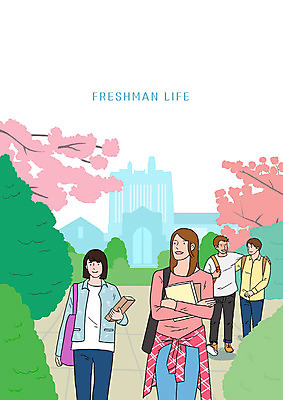 전신 PSD 여자 남자 대학생 일러스트 사람 여러명 상반신 성인 책 걷기 캠퍼스라이프 희망 벚꽃 대학교 신입생 등교 국내일러스트 학생 라이프스타일 꽃 감정 다수 학교 모션 등하교 파일형식