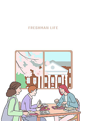 PSD 여자 남자 행복 대학생 일러스트 대화 사람 앉기 상반신 청년 성인 책 세명 식당 캠퍼스라이프 식사 벚꽃 먹기 대학교 신입생 점심 식판 국내일러스트 학생 라이프스타일 꽃 감정 학교 모션 말하기 상점 파일형식