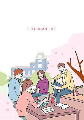 전신 PSD 여자 남자 대학생 일러스트 대화 사람 여러명 상반신 청년 성인 책 노트북 캠퍼스라이프 활발 벚꽃 토론 집중 대학교 신입생 과제 야외테이블 조별과제 국내일러스트 학생 라이프스타일 꽃 다수 컨셉 학교 탁자 말하기 전자제품 파일형식
