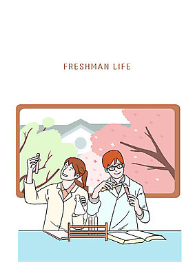 PSD 나무 여자 남자 대학생 일러스트 실험기구 실험 사람 상반신 청년 성인 두명 캠퍼스라이프 벚꽃 실험복 화학 강의실 집중 시험관 대학교 신입생 비커 국내일러스트 식물 학생 라이프스타일 교육 꽃 과학 컨셉 학교 공간 가운 파일형식