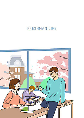 PSD 여자 남자 대학생 의자 일러스트 대화 사람 상반신 청년 성인 책 세명 캠퍼스라이프 벚꽃 강의실 책상 즐거움 대학교 신입생 수다 국내일러스트 학생 라이프스타일 교육 꽃 감정 가구 학교 말하기 공간 파일형식