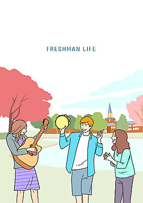 PSD 여자 남자 호수 음악 대학생 연주 일러스트 노래 사람 잔디 상반신 청년 성인 세명 캠퍼스라이프 벚꽃 기타 즐거움 대학교 신입생 탬버린 동아리 국내일러스트 식물 학생 라이프스타일 꽃 감정 학교 현악기 문화예술 타악기 파일형식