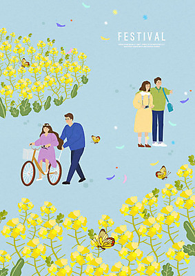 전신 PSD 커플 여자 남자 나비 일러스트 봄꽃 사람 여러명 성인 파란색 카메라 자전거 축제 봄 구경 즐거움 유채 꽃가루 꽃구경 국내일러스트 계절 꽃 감정 컬러 다수 곤충 관계 전자제품 바이크 가루 파일형식