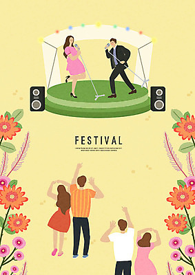 전신 PSD 여자 남자 꽃 일러스트 봄꽃 전구 노래 사람 정장 여러명 상반신 성인 노란색 축제 스피커 봄 공연 무대 군중 스탠드마이크 즐거움 꽃축제 국내일러스트 식물 옷 계절 감정 음악 컬러 음향기기 다수 이벤트 마이크 파일형식