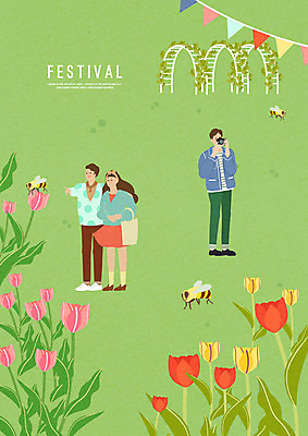 전신 PSD 커플 여자 남자 일러스트 사람 성인 세명 초록색 카메라 사진촬영 축제 봄 튤립 꿀벌 즐거움 가랜드 튤립축제 지역축제 대한민국축제 국내일러스트 계절 꽃 감정 컬러 관계 전자제품 촬영 벌_곤충 파티용품 꽃축제 파일형식
