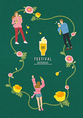 전신 PSD 여자 남자 꽃잎 꽃 일러스트 맥주 사람 성인 세명 초록색 축제 봄 거품 즐거움 맥주병 국내일러스트 식물 계절 감정 컬러 술병 주류 파일형식