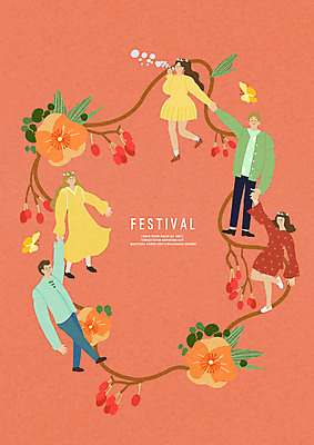 전신 PSD 커플 여자 열매 남자 꽃 나비 일러스트 사람 여러명 성인 손잡기 축제 주황색 화관 봄 춤 즐거움 산수유 산수유열매 국내일러스트 식물 계절 감정 컬러 다수 곤충 관계 모션 문화예술 파일형식