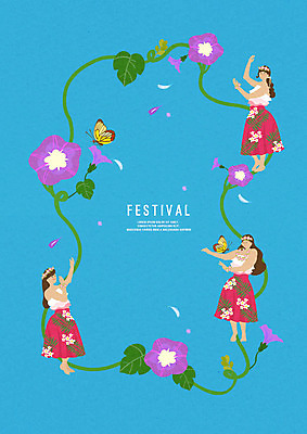 전신 PSD 여자 꽃잎 나비 일러스트 사람 성인 세명 파란색 축제 화관 봄 춤 즐거움 꽃목걸이 훌라춤 꽃축제 하와이안 국내일러스트 계절 패션 꽃 감정 컬러 곤충 목걸이 문화예술 파일형식