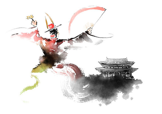 PSD 한국전통 전통 여자 무늬 일러스트 캘리그라피 붓터치 한옥 흑백 한명 사람 상반신 성인 빨간색 문화재 춤 부채 번짐 방울꽃 무녀 국내일러스트 1 꽃 컬러 고건축 문화예술 한국 촬영기법 파일형식 효과