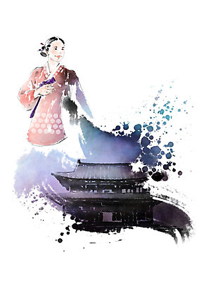 PSD 한국전통 전통 여자 고건축 무늬 일러스트 캘리그라피 붓터치 한옥 흑백 한명 사람 상반신 성인 보라색 문화재 한복 번짐 기와지붕 국내일러스트 1 건축물 컬러 지붕 한국 촬영기법 기와 전통의상 파일형식 효과