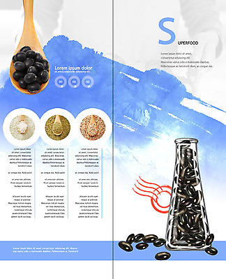 PSD 템플릿 표지디자인 북디자인 출판디자인 내지 리플렛 2단접지 북커버 유리병 곡류 건강 팜플렛 사람없음 파란색 숟가락 견과류 건강식품 검정콩 슈퍼푸드 이미지템플릿 음식 컬러 병_용기 콩 수저 파일형식