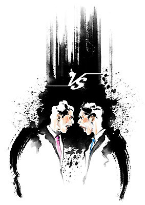 PSD 남자 일러스트 캘리그라피 넥타이 붓터치 흑백 사람 상반신 성인 두명 마주보기 경쟁 외침 직장인 라이벌 번짐 노려봄 성인남자만 국내일러스트 직업 잡화 컨셉 모션 촬영기법 표정 소리 남자만 성인만 파일형식 효과