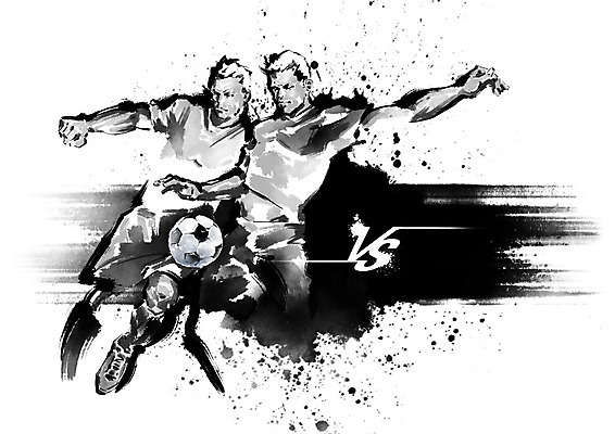 전신 PSD 남자 일러스트 캘리그라피 축구공 붓터치 축구선수 흑백 사람 성인 두명 축구 경쟁 라이벌 충돌 번짐 몸싸움 성인남자만 국내일러스트 컨셉 공 축구용품 운동선수 촬영기법 구기 싸움 남자만 성인만 파일형식 효과