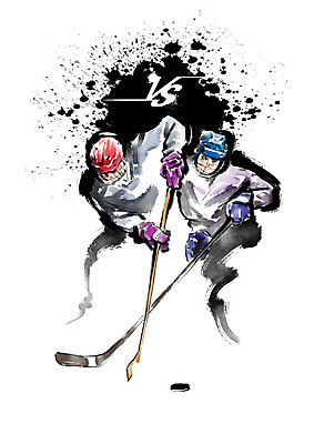 PSD 남자 일러스트 캘리그라피 붓터치 흑백 사람 경기 상반신 성인 두명 빨간색 파란색 보라색 경쟁 라켓 헬멧 라이벌 충돌 아이스하키 번짐 몸싸움 아이스하키선수 국내일러스트 스포츠용품 스포츠 컬러 컨셉 겨울스포츠 운동선수 촬영기법 보호장비 싸움 하키 파일형식 효과