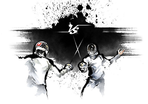 PSD 남자 일러스트 캘리그라피 붓터치 흑백 사람 상반신 성인 두명 마주보기 경쟁 라이벌 번짐 펜싱 펜싱선수 맞대결 성인남자만 국내일러스트 스포츠 컨셉 모션 운동선수 촬영기법 남자만 성인만 파일형식 효과