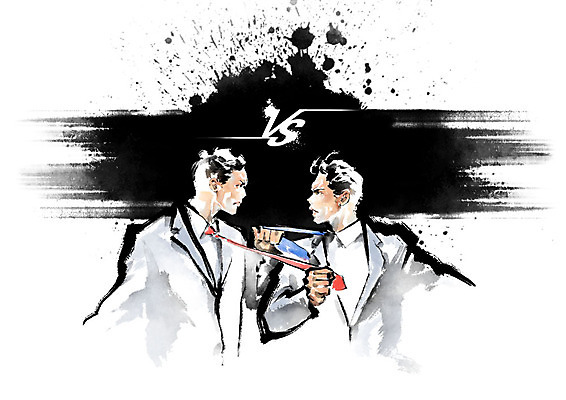 PSD 응시 남자 일러스트 캘리그라피 넥타이 흑백 사람 정장 상반신 성인 두명 빨간색 파란색 마주보기 경쟁 잡기 직장인 라이벌 노려봄 국내일러스트 직업 시선 잡화 옷 컬러 컨셉 모션 촬영기법 표정 파일형식