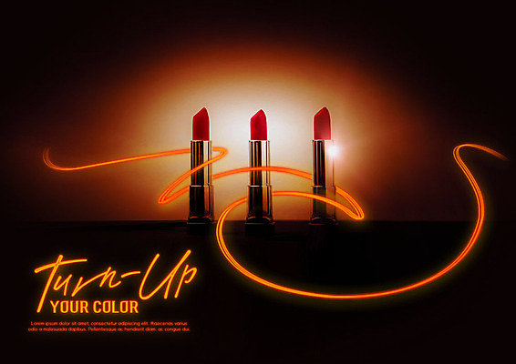 PSD 편집이미지 사람없음 빛 화장 뷰티 주황색 화장품 립스틱 세개 고급 모던 네온 이미지편집 컬러 컨셉 3 파일형식