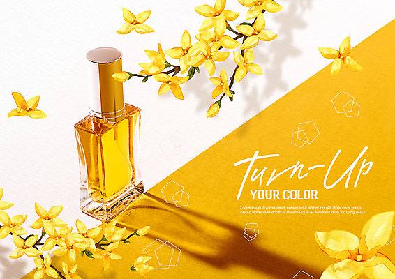 PSD 편집이미지 꽃잎 유리병 사람없음 화장 뷰티 노란색 봄 화장품 화려 개나리 향수 스킨 이미지편집 계절 꽃 컬러 컨셉 병_용기 파일형식