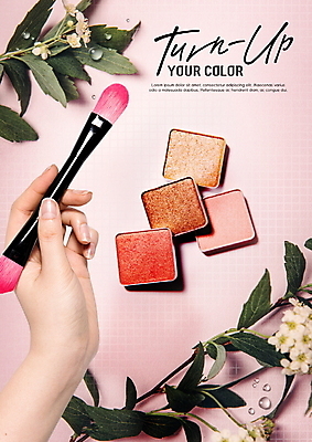 PSD 편집이미지 손 꽃 분홍색 나뭇잎 신체부위 화장 뷰티 화장품 물방울 메이크업브러쉬 이미지편집 식물 컬러 잎 사람 붓 파일형식