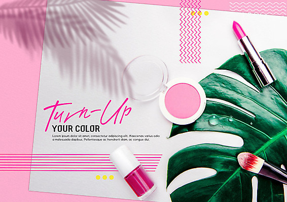 PSD 편집이미지 분홍색 나뭇잎 사람없음 초록색 뷰티 화장품 립스틱 흰색 물방울 볼터치 매니큐어 메이크업브러쉬 이미지편집 컬러 잎 화장 붓 파일형식