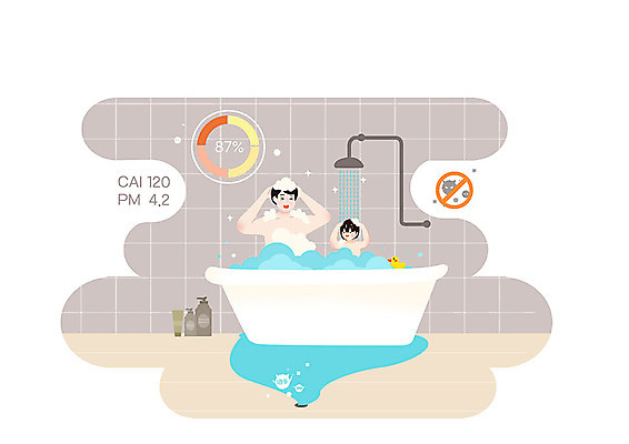 PSD 남자 아들 어린이 일러스트 욕조 사람 상반신 성인 두명 목욕 청결 욕실 아빠 씻기 사회이슈 준비 샤워기 먼지제거 부자지간 미세먼지 국내일러스트 컨셉 가족 위생 먼지 파일형식