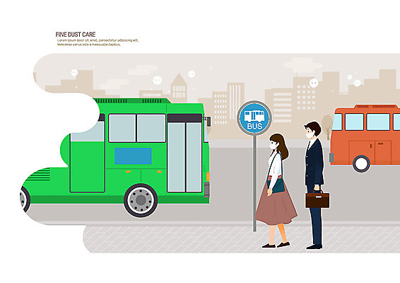 전신 PSD 여자 남자 도로 일러스트 버스 대중교통 마스크 서기 사람 성인 두명 도시 오염 버스정류장 사회이슈 대기오염 정류장표지판 미세먼지 국내일러스트 길 육상교통 교통수단 컨셉 교통시설 모션 표지판 환경오염 역 먼지 파일형식