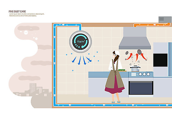 전신 PSD 여자 음식 일러스트 요리 한명 서기 사람 성인 주방 앞치마 냄비 사회이슈 순환 환풍기 공기청정기 환기구 성인여자한명만 미세먼지 국내일러스트 1 컨셉 모션 장비 가전제품 솥 먼지 여자한명만 성인여자만 파일형식