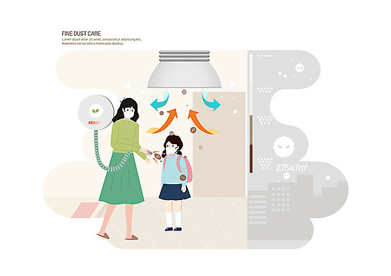 전신 PSD 여자 딸 화살표 어린이 일러스트 학교 모녀 엄마 책가방 마스크 사람 성인 두명 갈색 회색 사회이슈 준비 공기청정기 먼지제거 미세먼지 국내일러스트 교육 컬러 컨셉 가방 가족 가전제품 먼지 파일형식