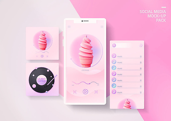 PSD 편집이미지 음악 분홍색 백그라운드 아이스크림 사람없음 스마트폰 원형 레이아웃 UI 리스트 소셜미디어 플레이어 목업 편집소스 이미지편집 도형 컬러 문화예술 디저트 핸드폰 스마트기기 파일형식