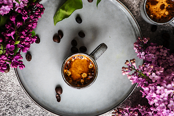 포토 JPG 해외이미지 커피 잎 회색배경 쟁반 사람없음 하이앵글 머그컵 원두 라일락 해외포토 식물 꽃 음료 뷰포인트 백그라운드 컵 회색 파일형식 이미지허브