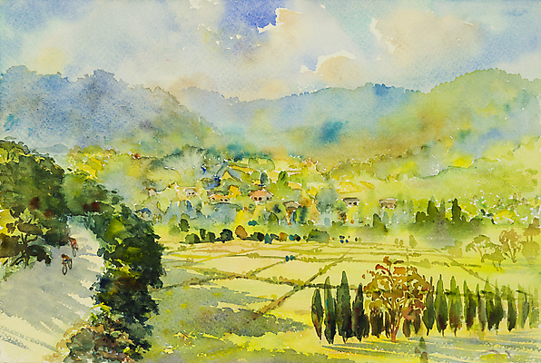 JPG 해외이미지 길 일러스트 하늘 산 논 사람 두명 초록색 자전거 시골 그림 풍경화 해외일러스트 컬러 농업 바이크 파일형식 이미지허브