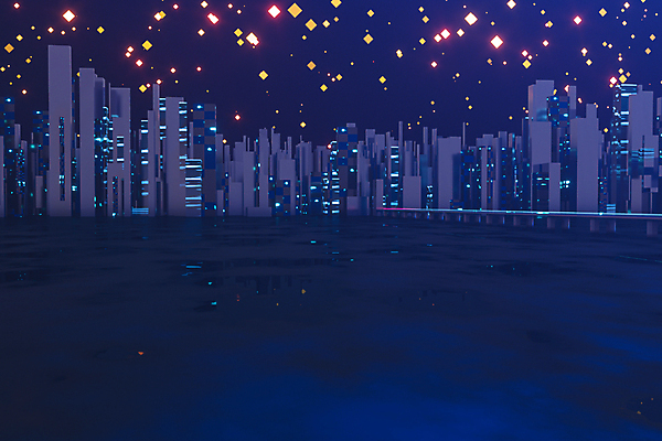 EPS 해외이미지 실루엣 일러스트 사람없음 건물 빛 반짝임 강 고층빌딩 도시 남색 네온 스카이라인 해외일러스트 건축물 컬러 모션 촬영기법 빌딩 파일형식 벡터 이미지허브