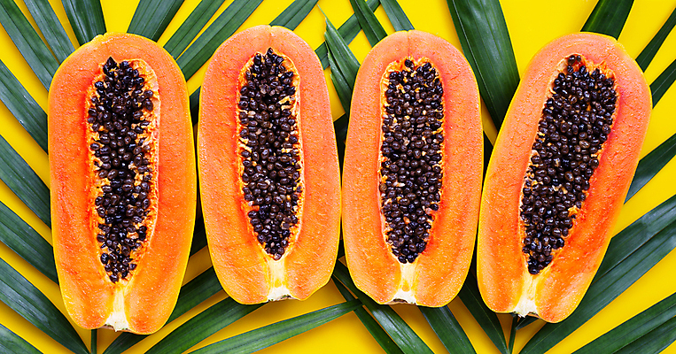 포토 JPG 해외이미지 단면 실내 씨앗 사람없음 여러개 열대과일 일렬 야자수잎 노란배경 파파야 해외포토 식물 다수 백그라운드 잎 과일 내부 노란색 파일형식 이미지허브