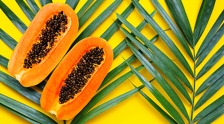 포토 JPG 해외이미지 단면 실내 씨앗 사람없음 두개 열대과일 야자수잎 노란배경 파파야 해외포토 식물 백그라운드 잎 2 과일 내부 노란색 파일형식 이미지허브