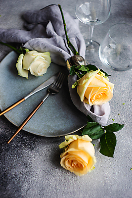 포토 JPG 해외이미지 접시 포크 와인잔 회색배경 사람없음 장미 나이프 냅킨 해외포토 식기 꽃 백그라운드 술잔 회색 칼 파일형식 이미지허브