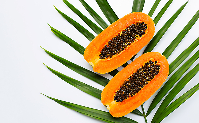 포토 JPG 해외이미지 단면 실내 씨앗 사람없음 두개 열대과일 흰배경 야자수잎 파파야 해외포토 식물 백그라운드 잎 2 과일 내부 흰색 파일형식 이미지허브