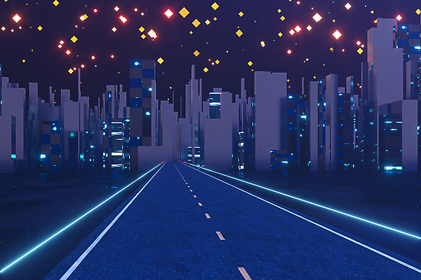 EPS 해외이미지 실루엣 도로 일러스트 사람없음 건물 파란색 빛 반짝임 고층빌딩 도시 네온 스카이라인 해외일러스트 건축물 길 컬러 교통시설 모션 촬영기법 빌딩 파일형식 벡터 이미지허브