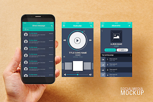 PSD 편집이미지 음악 백그라운드 한손 들기 신체부위 스마트폰 레이아웃 UI 리스트 문자메시지 소셜미디어 플레이어 목업 편집소스 이미지편집 손 모션 문화예술 사람 핸드폰 스마트기기 메시지 파일형식