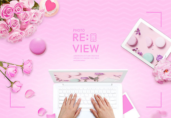 PSD 편집이미지 꽃잎 꽃 분홍색 디저트 신체부위 노트북 태블릿 장미 양손 타이핑 달콤 마카롱 리뷰 이미지편집 식물 손 음식 컬러 사람 전자제품 스마트기기 맛 파일형식