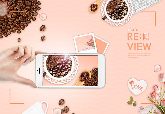 PSD 편집이미지 손 꽃잎 꽃 커피 모바일 신체부위 컵 스마트폰 장미 쿠키 주황색 원두 하트 키보드 향기 리뷰 이미지편집 모양 식물 식기 음료 컬러 디저트 사람 핸드폰 스마트기기 냄새 파일형식