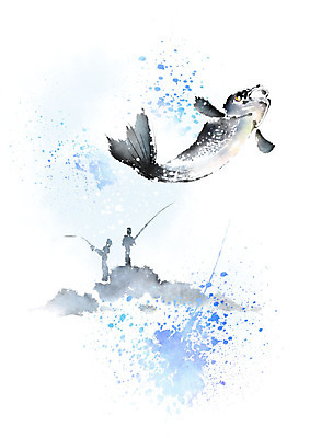 전신 PSD 한마리 남자 바다 일러스트 캘리그라피 붓터치 낚시 어류 사람 성인 두명 파란색 점프 검은색 낚싯대 물보라 번짐 낚시꾼 국내일러스트 1 컬러 모션 레저 물 수중동물 낚시용품 파일형식 효과