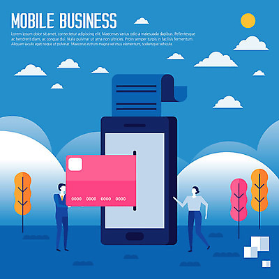 전신 나무 구름 커플 여자 남자 일러스트 비즈니스 모바일 사람 성인 두명 파란색 스마트폰 흰색 신용카드 스마트 영수증 핀테크 국내일러스트 AI파일 자연요소 식물 컬러 컨셉 관계 금융 핸드폰 스마트기기 파일형식 벡터