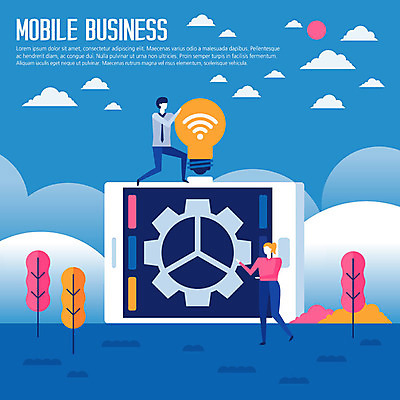 전신 나무 구름 커플 여자 남자 일러스트 비즈니스 전구 모바일 사람 성인 두명 파란색 스마트폰 흰색 스마트 톱니바퀴 와이파이 국내일러스트 AI파일 자연요소 식물 컬러 컨셉 관계 핸드폰 스마트기기 무선인터넷 파일형식 벡터