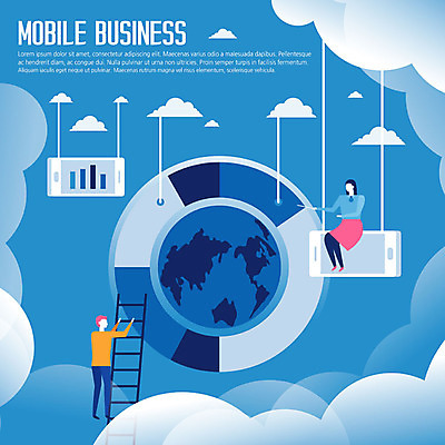 전신 구름 커플 여자 남자 지구 일러스트 비즈니스 사다리 모바일 그래프 사람 성인 두명 파란색 스마트폰 흰색 스마트 국내일러스트 AI파일 자연요소 컬러 컨셉 관계 핸드폰 스마트기기 도구 파일형식 벡터